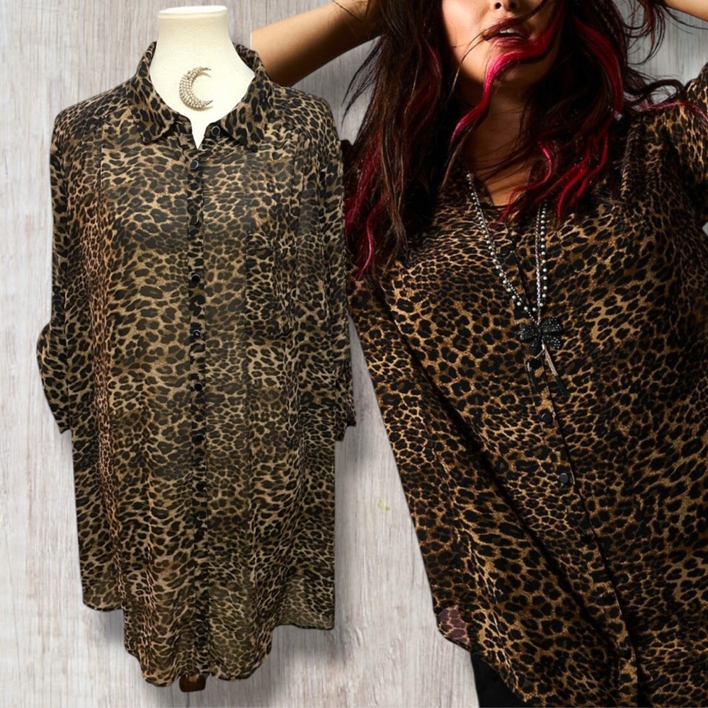 Torrid X Betsey Johnson Leopard Print Sheer Chiffon Tunic Button Top Size 3 3X